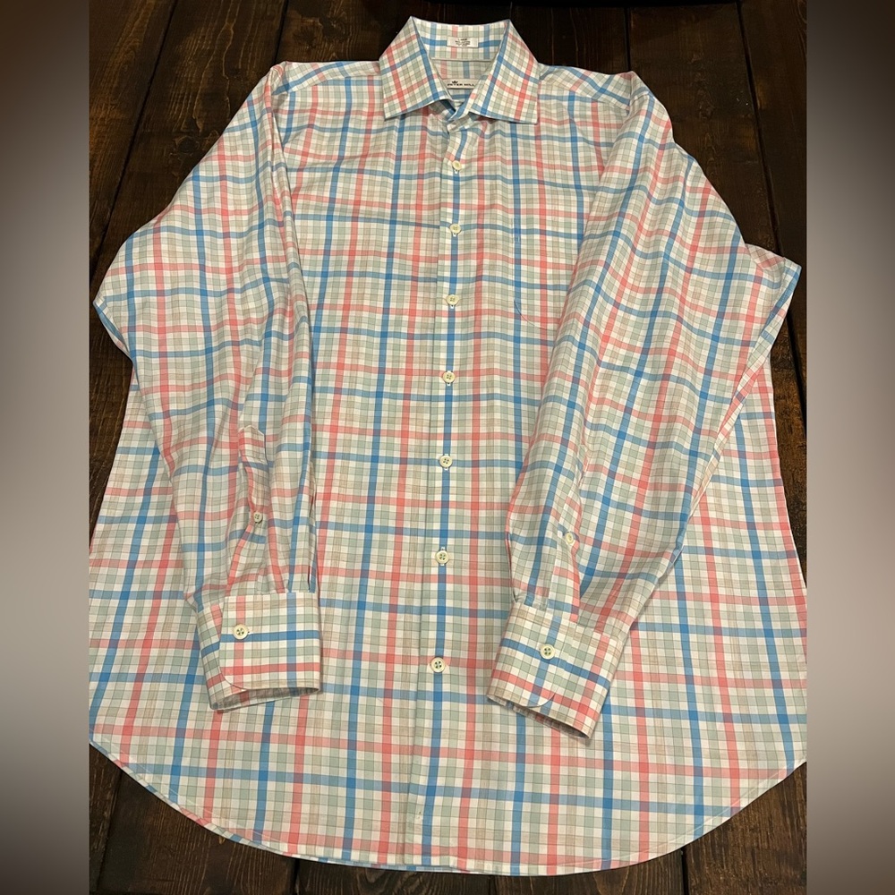 Peter Millar Button Up Blue Coral Green Plaid Shirt Size Large Spring Colors